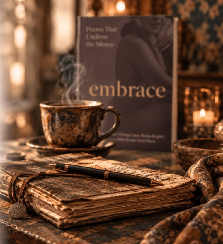 Journal, pen, coffee, and the Embrace book in warm amber light