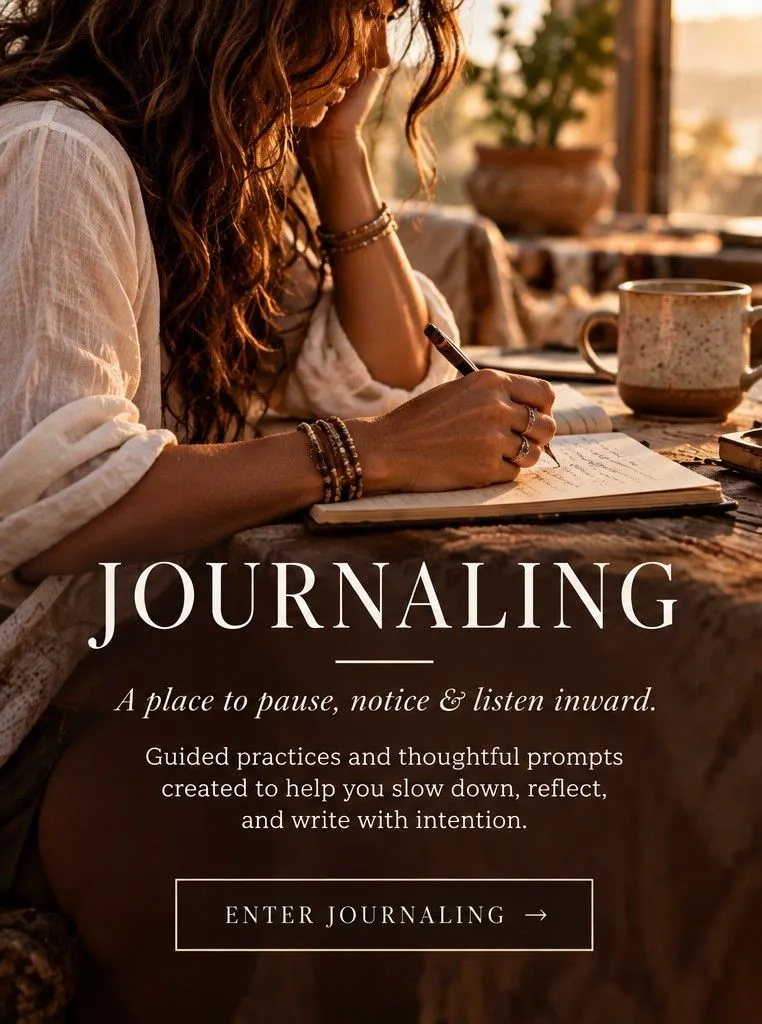 A woman journaling at a table beside a cup, with JOURNALING lettering and an ENTER JOURNALING call to action