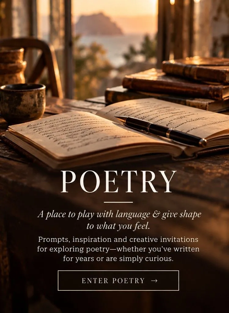 An open notebook and pen on a table by a window, with POETRY lettering and an ENTER POETRY call to action