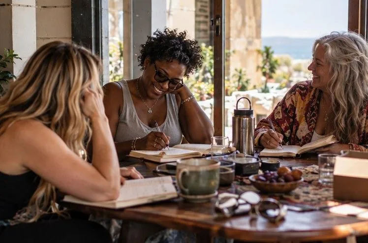 Three women writing in notebooks together around a table