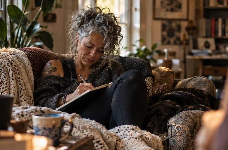 A person with silver hair writing in a notebook beside a cup in a softly lit room