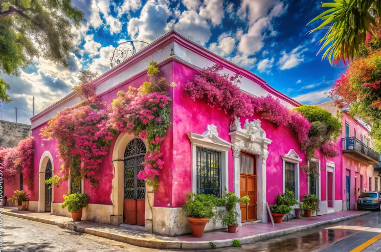 Bright pink Mérida building with bougainvillea, white stone trim, and potted plants along the street